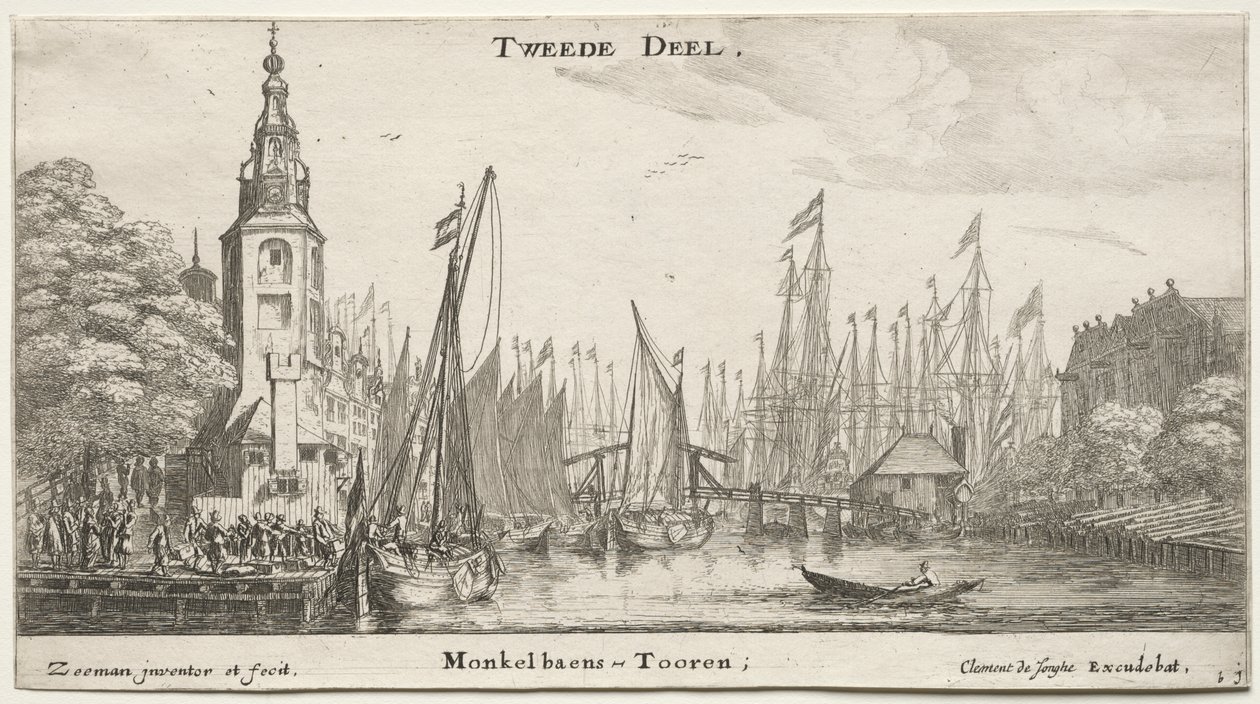 Verschiedene Schiffe und Ansichten von Amsterdam, Teil II: Kanal bei Amsterdam und Monkel-Turm von Clement de Jonghe