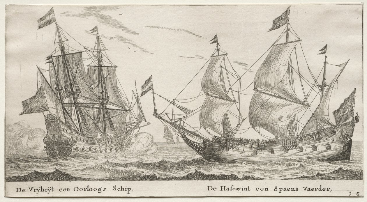 Verschiedene Schiffe und Ansichten von Amsterdam (Verscheffde Schepen en Gesichten van Amstelredam), Teil II: Die Freiheit, ein Kriegsschiff. Der Wolfshund, ein spanisches Schiff von Clement de Jonghe