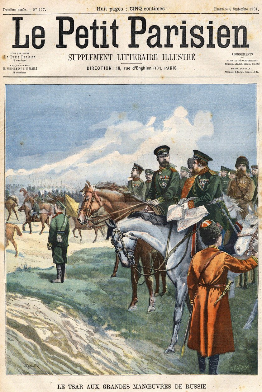 Der Zar (Nikolaus II.) bei den großen Manövern Russlands. Titelblatt „Le Peute Parisien“ vom 08.09.1901 von Clément Auguste Andrieux