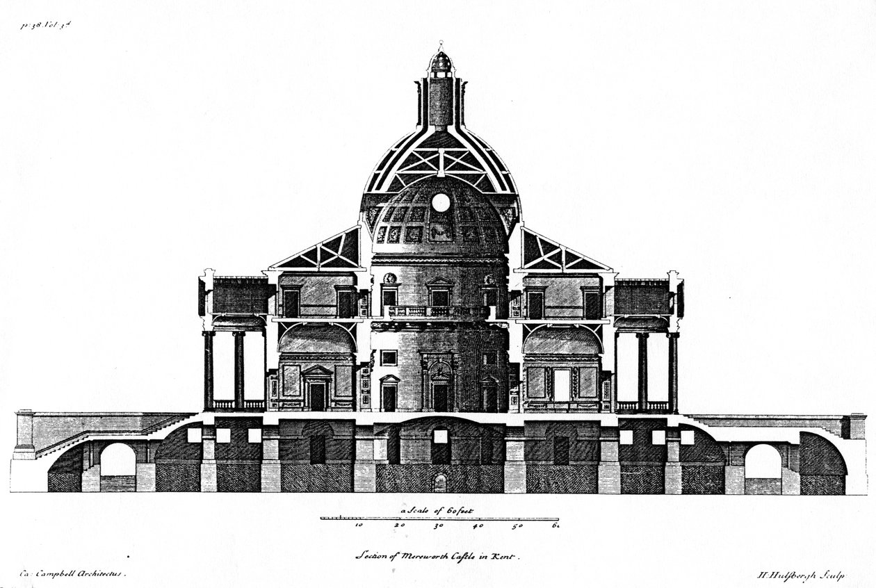 Schnitt von Mereworth Castle in Kent, graviert von H. Hulsbergh, ca. 1722-24 von Colen Campbell
