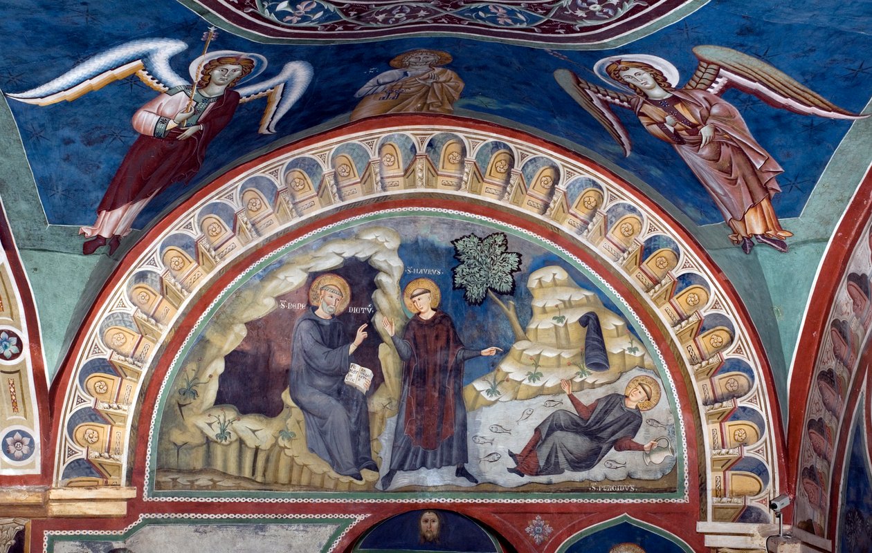 Das Wunder des heiligen Placide. Der heilige Benedikt von Nursia rettet dank der Intervention von Saint Maur seinen ersten Jünger den jungen Placide, der im Strom eines Sees gefangen ist. Fresko von Meister Consolo (13. Jahrhundert) von Consolo 