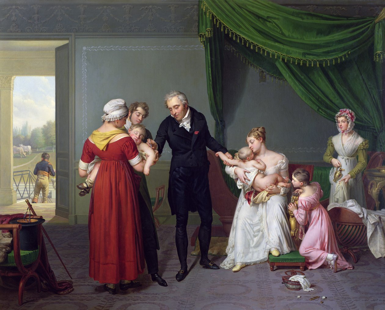 Baron Jean Louis Alibert (1768-1837) führt die Pockenimpfung im Schloss von Liancourt durch, ca. 1820 von Constant Joseph Desbordes