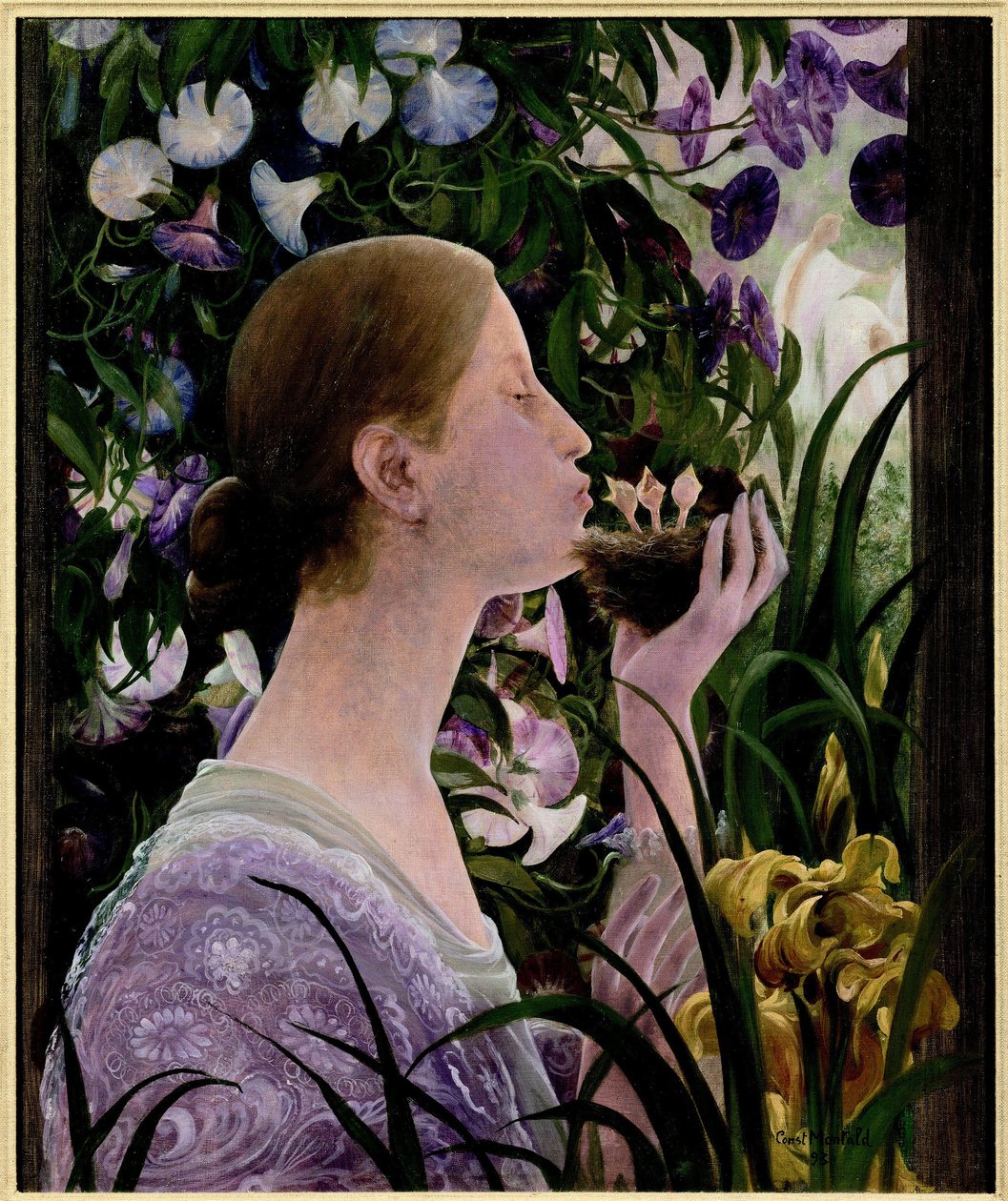 Das Nest. Junge Frau im Profil, in einem blühenden Garten, hält ein Nest in der Hand und küsst die Babyvögel. Gemälde von Constant Montaid (1862-1944), Öl auf Leinwand von Constant Montald