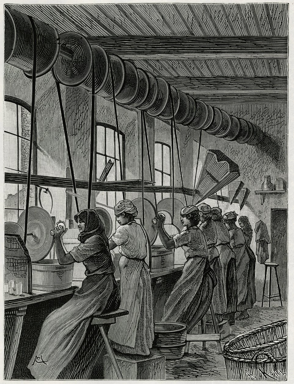 Eine Frauenwerkstatt in der Glasfabrik von Val Saint Lambert. Gravur von C. Meunier zur Illustration der Geschichte „Belgien“ von Camille Lemonnier (1844-1913) von Constantin Emile Meunier