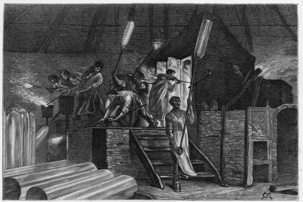 In einer Glasfabrik in Lodelinsart (Charleroi). Gravur von Constant Meunier, zur Illustration der Geschichte „Belgien“, von Camille Lemonnier (1844-1913), belgischer Schriftsteller. Veröffentlicht in Le Tour du monde, 2. Semester 1884. von Constantin Emile Meunier