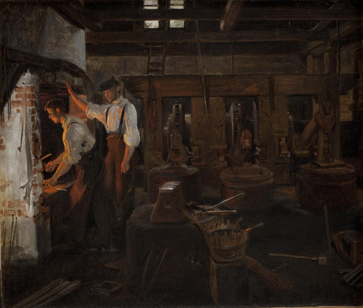 Das Innere der alten Hammerschmiede bei Hellebæk von Constantin Hansen