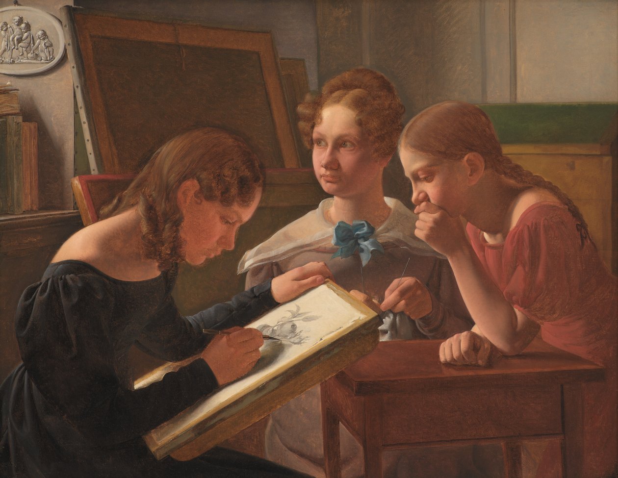 Drei junge Mädchen. Die Schwestern des Künstlers: Alvilde, Ida und Henriette von Constantin Hansen
