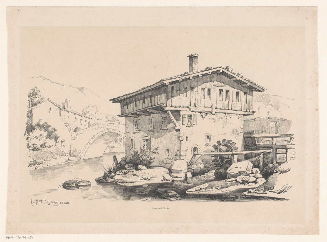 Haus und Wassermühle im Bergdorf von Constantinus Cornelis Huysmans