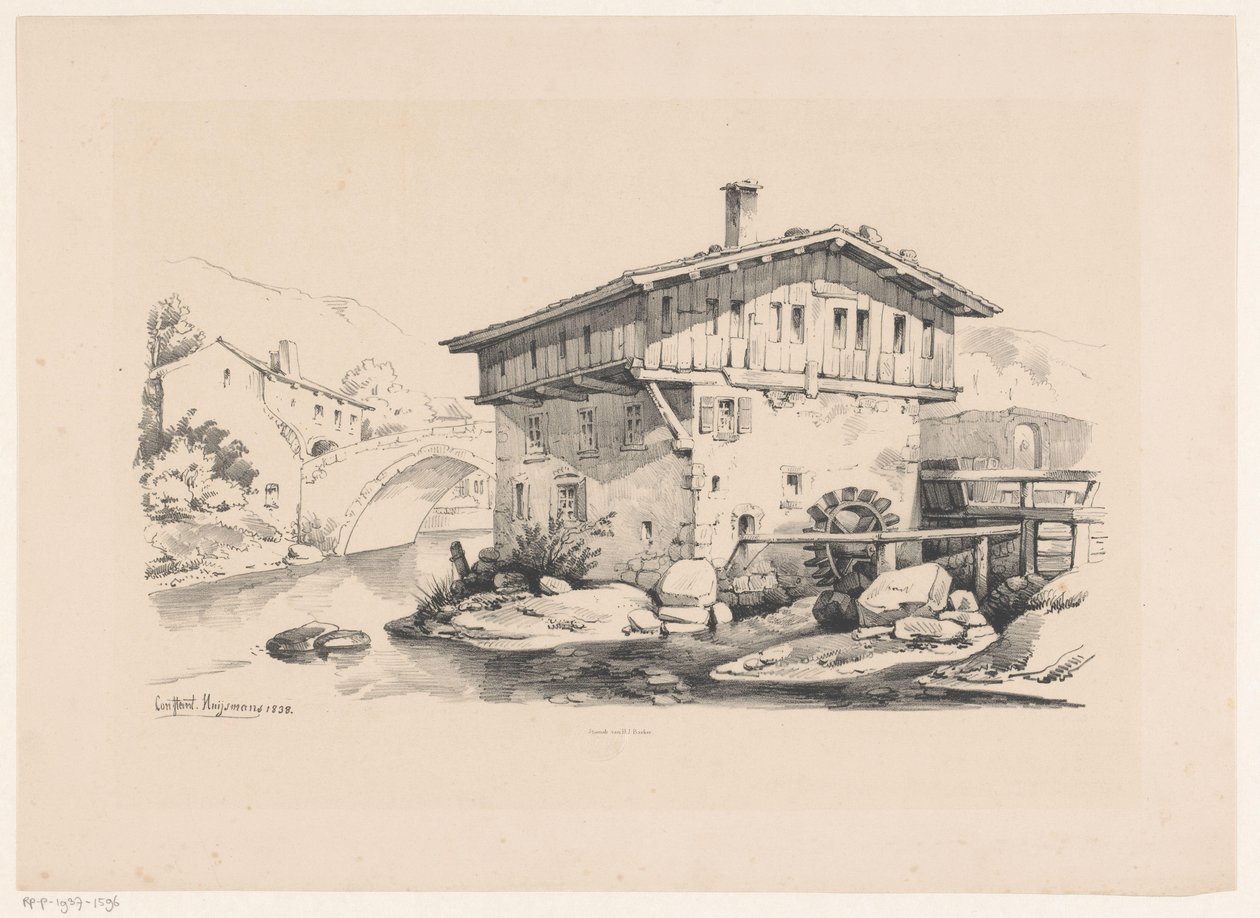 Haus und Wassermühle im Bergdorf von Constantinus Cornelis Huysmans