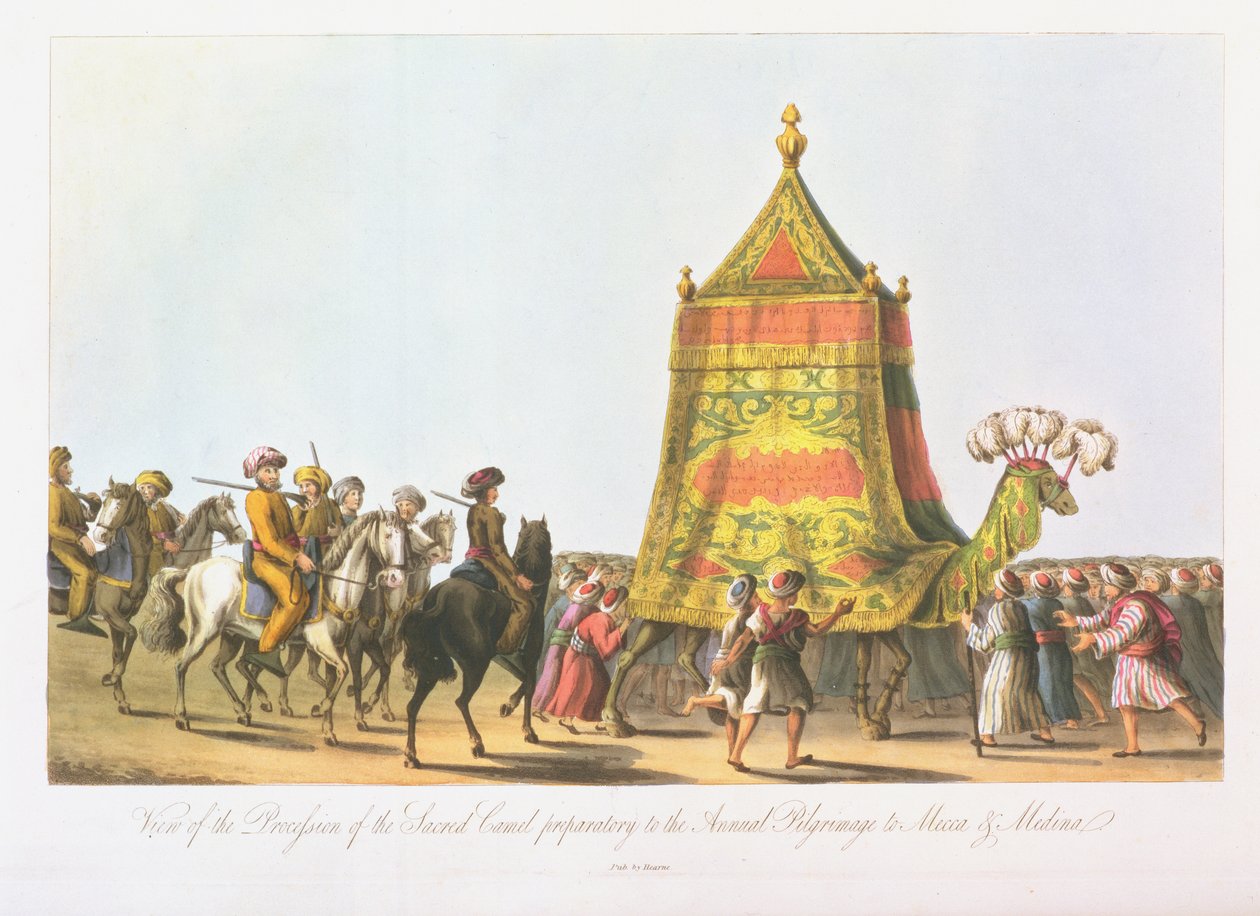 Ansicht der Prozession des Heiligen Kamels zur Vorbereitung auf die jährliche Pilgerfahrt nach Mekka und Medina, veröffentlicht 1822 von Cooper Willyams