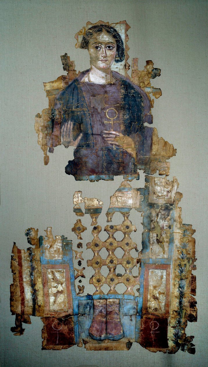 Koptische Kunst: Fragment eines bemalten Leichentuchs, das eine junge Frau namens die Dame mit dem Kreuz darstellt. Aus Antinoupolis. 4. Jahrhundert n. Chr. von Coptic Coptic