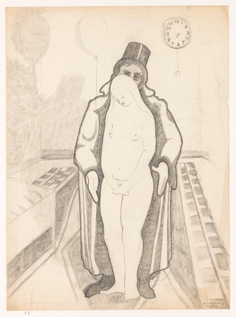 Mann in Schwarz, nackte Frau und Uhr, B-1-1, 26. Februar von Cor van Teeseling