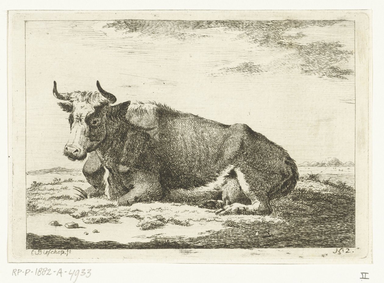 Landschaft mit liegender Kuh mit Hörnern von Cornelis  Bisschop