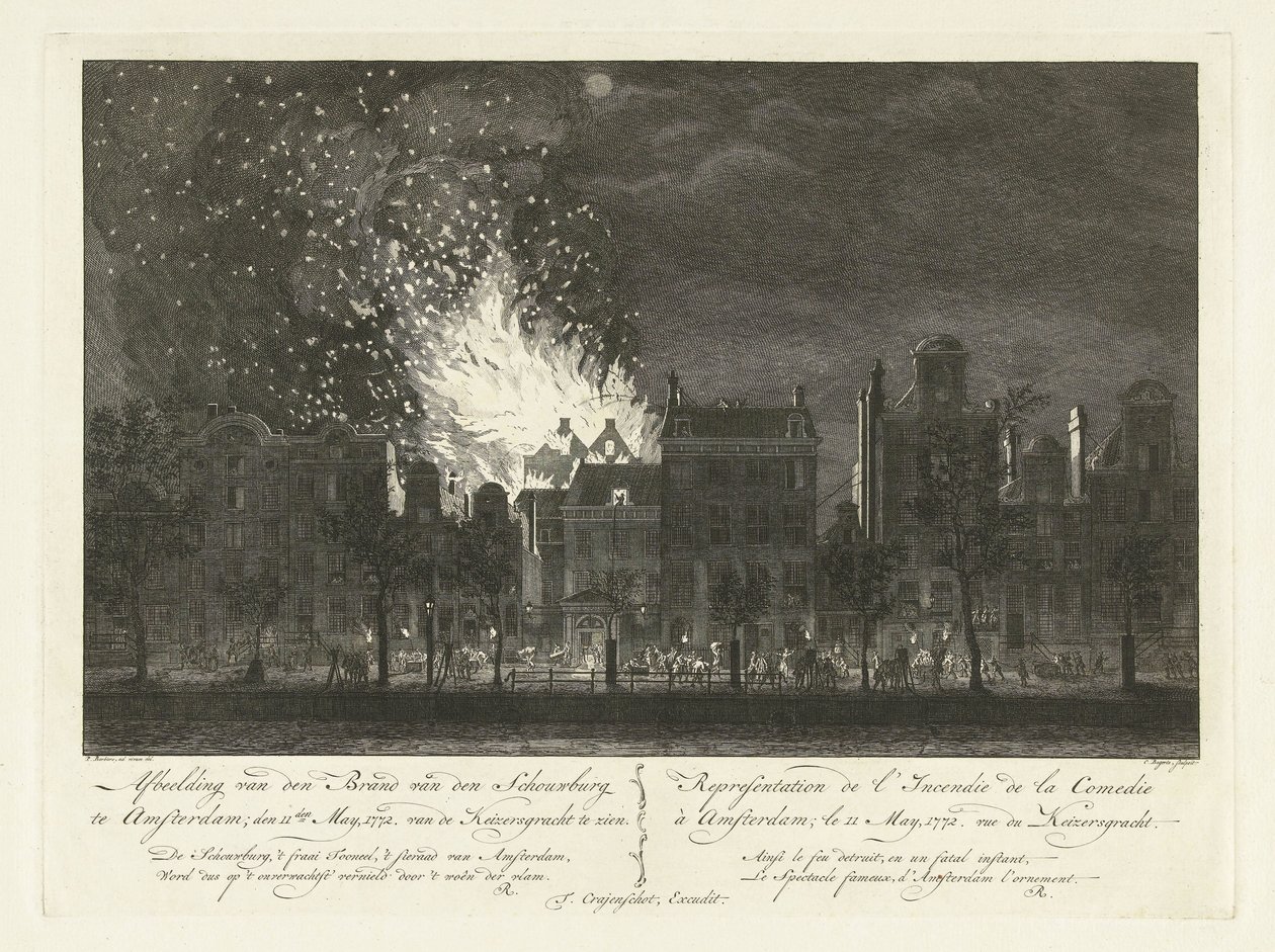 Brand im Amsterdamer Theater, gesehen von der anderen Seite des Keizersgracht, 1772 von Cornelis Bogerts