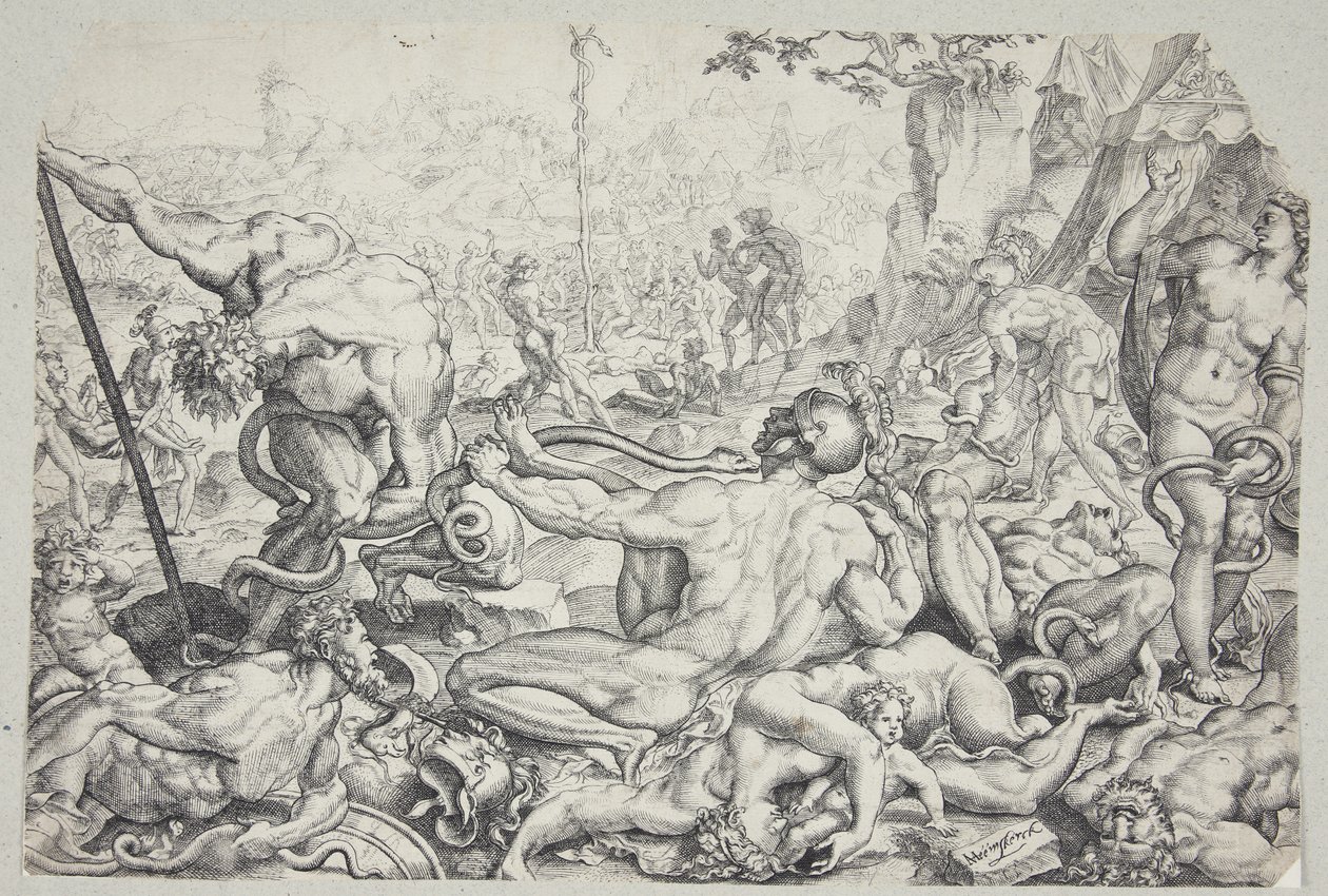 Die eherne Schlange und die Geißel der feurigen Schlangen von Cornelis Bos