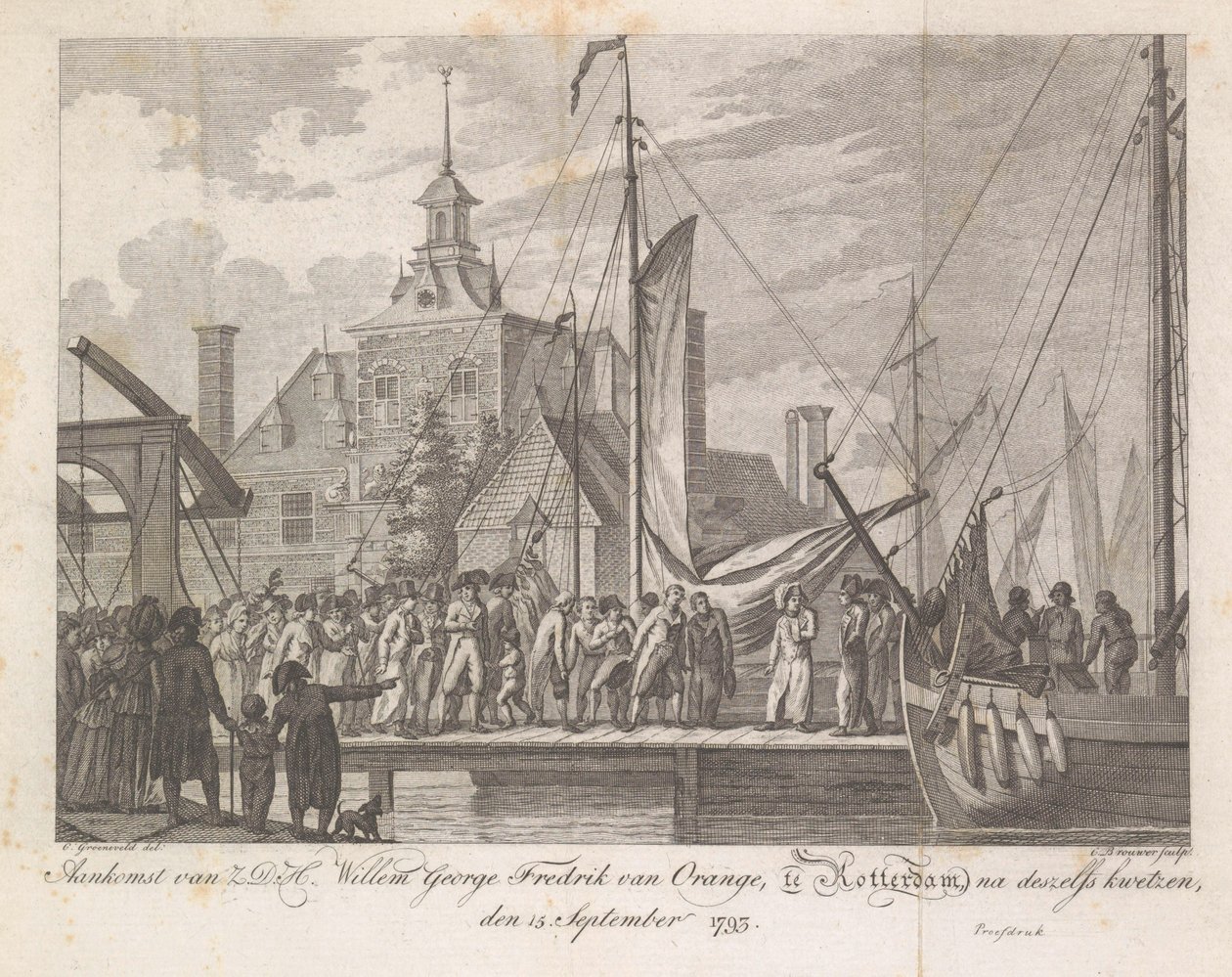 Ankunft des verwundeten Prinzen Willem George Frederik in Rotterdam, 1793 von Cornelis Brouwer