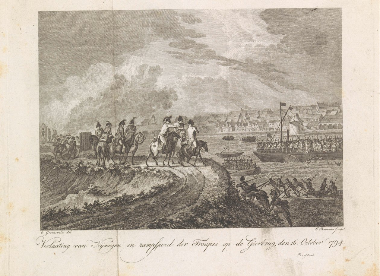 Franzosen beschießen die fliehenden Truppen auf der Gierbrücke, 1794 von Cornelis Brouwer