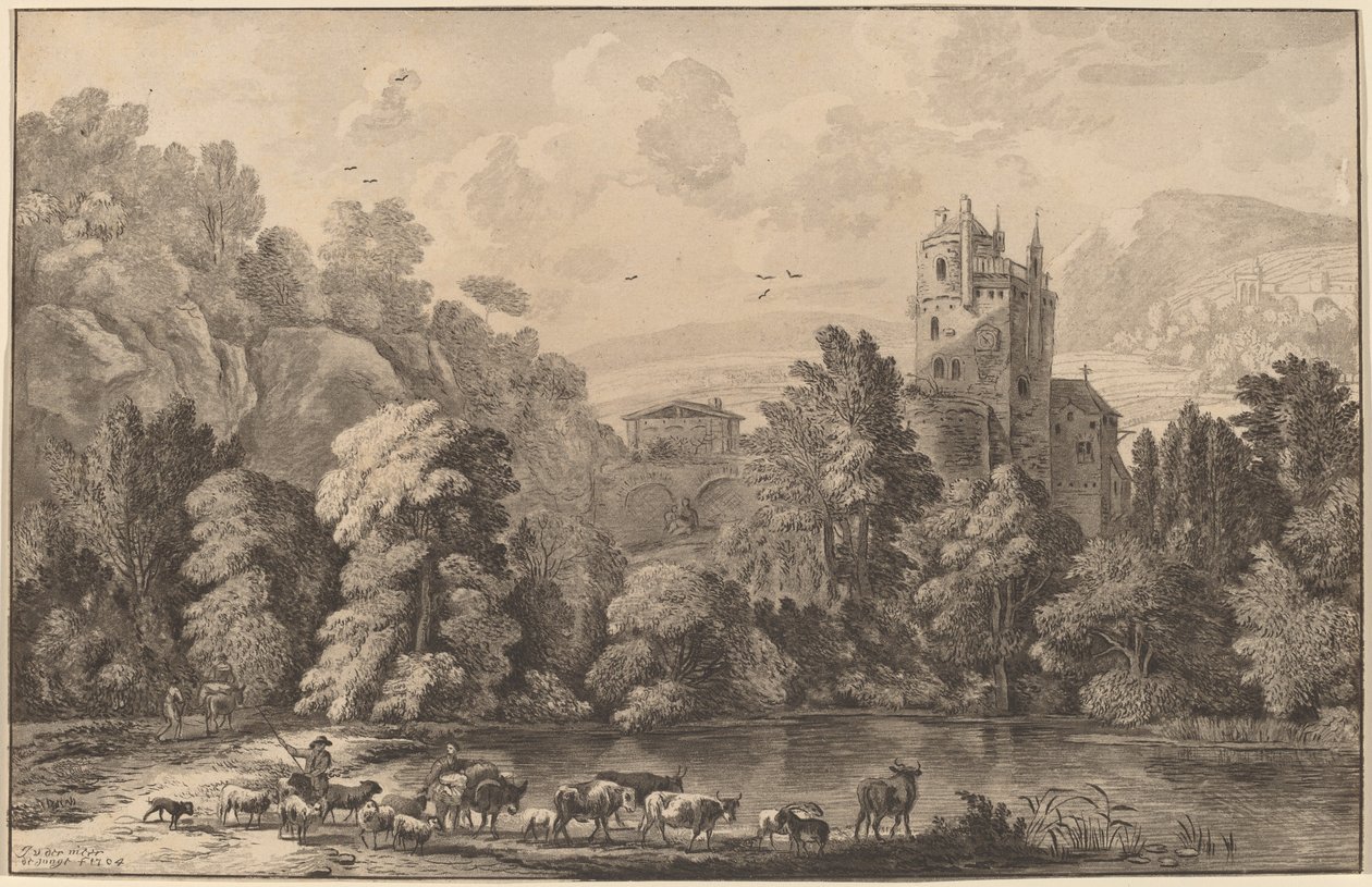 Tal mit einer alten Burg, 1784, veröffentlicht 1786 von Cornelis Brouwer