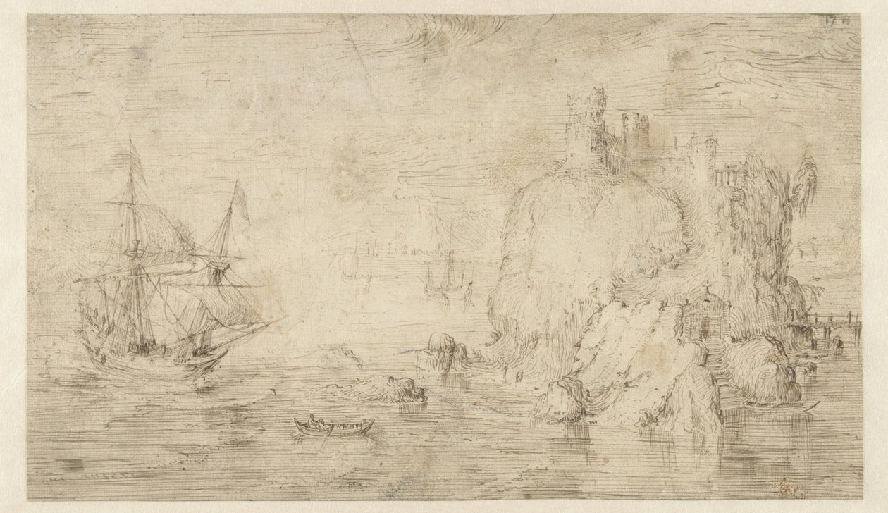 Meeresansicht mit einem Schiff bei einer Insel von Cornelis Claesz van Wieringen (attributed to)