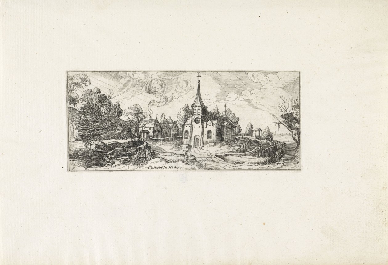 Landschaft mit Blick auf eine Kirche in einem Dorf von Cornelis Claesz van Wieringen (possibly)