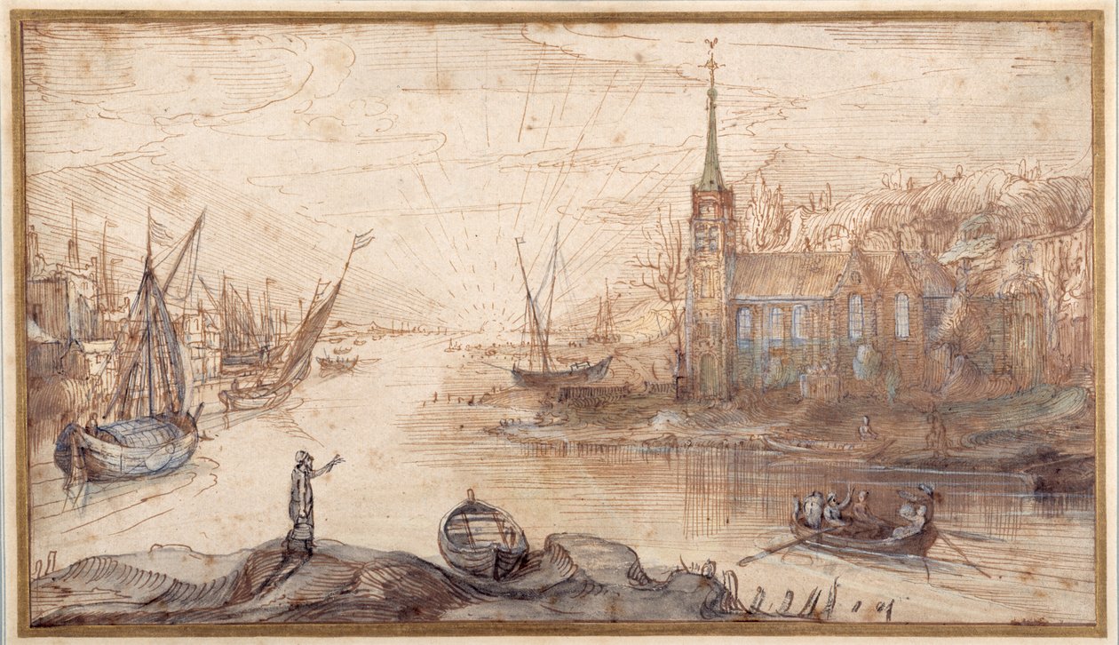 Hafenszene mit Schiffen und einer Kirche bei Sonnenuntergang von Cornelis Claesz  van Wieringen