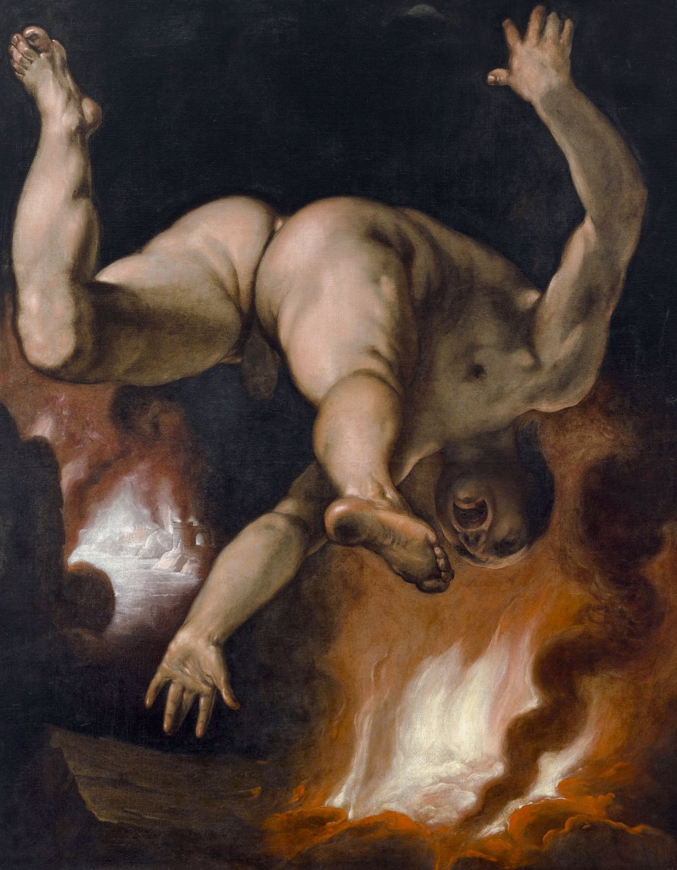 Der Fall des Ixion (Der König der Lapithen, nackt, fällt ins Höllenfeuer) von Cornelis Cornelisz. van Haarlem