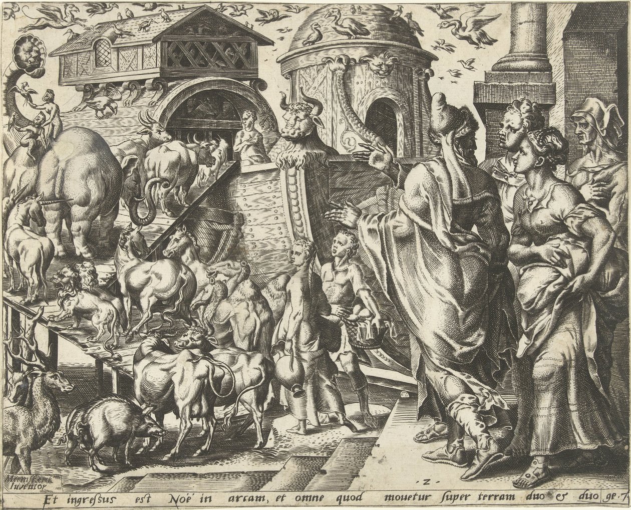 Noah geht mit seiner Familie und den Tieren an Bord der Arche von Cornelis Cort