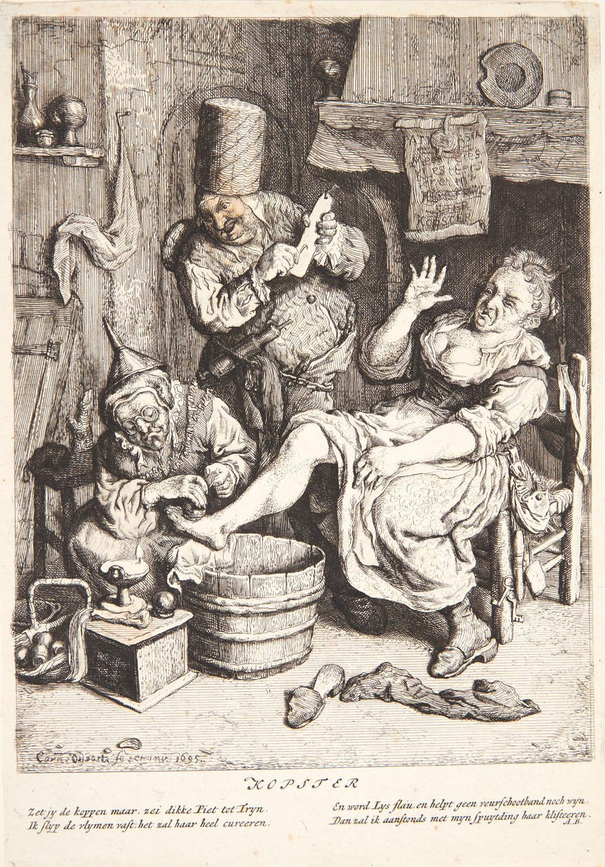 Frau, die mit Schröpfen behandelt wird von Cornelis Dusart