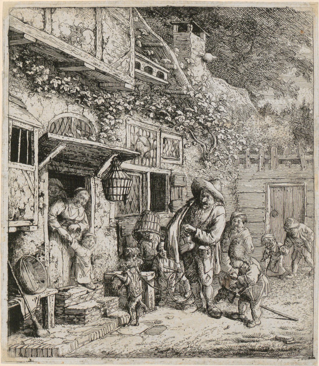 Leierspieler mit seinem tanzenden Hund von Cornelis Dusart