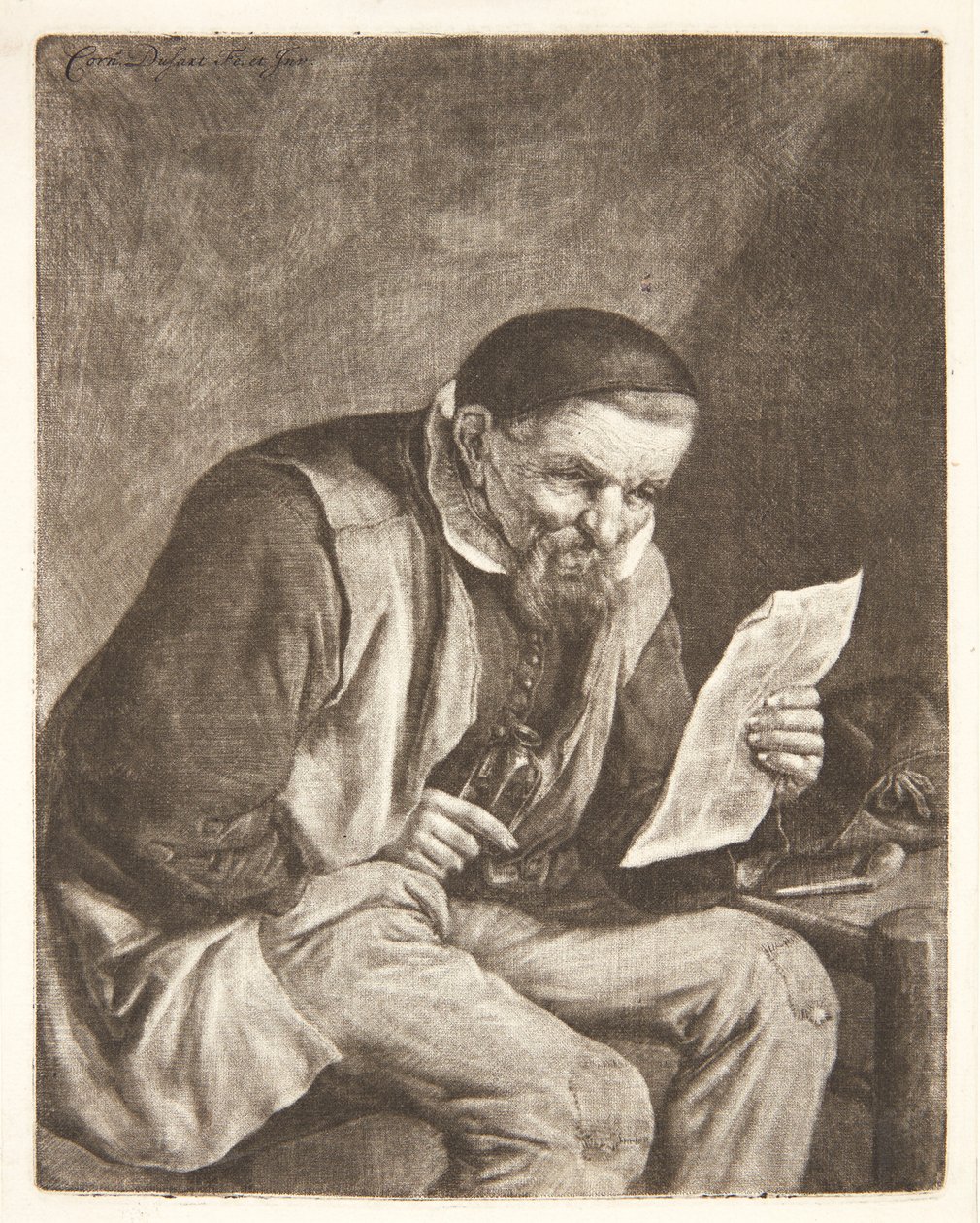 Sitzender Bauer, der einen Brief liest von Cornelis Dusart