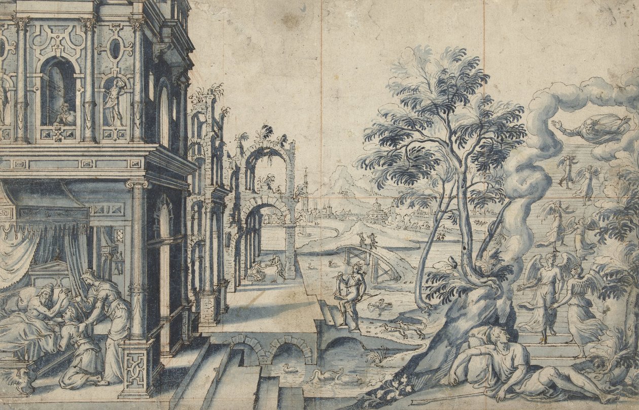 Jakob empfängt den Segen von Isaak; Jakobs Leiter von Cornelis Floris (II)