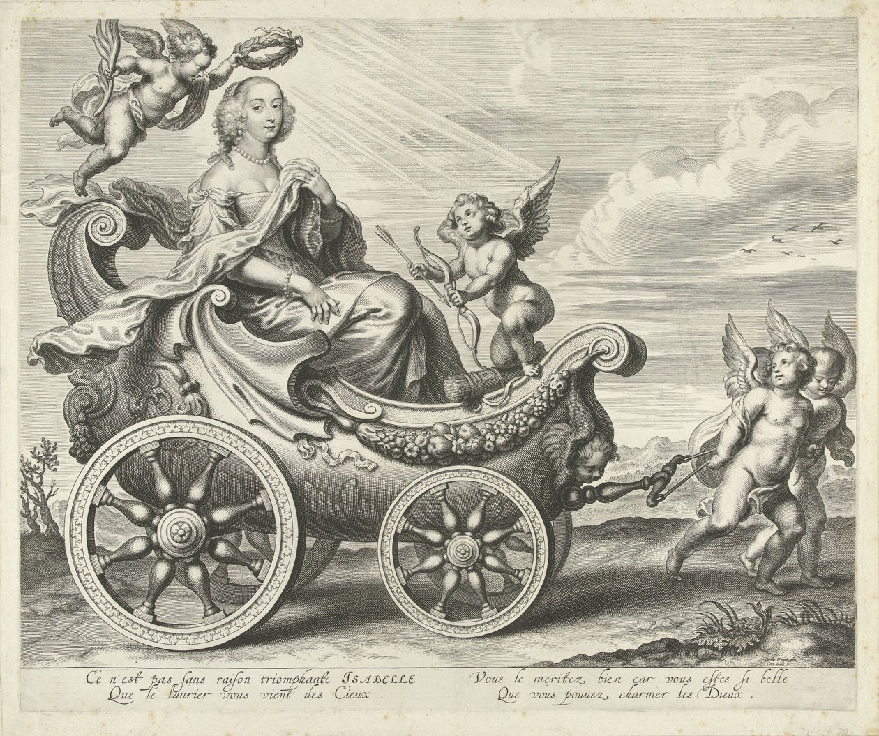 Clara Isabella de Ligne-Arenberg (?) in einem Triumphwagen von Cornelis Galle (I)