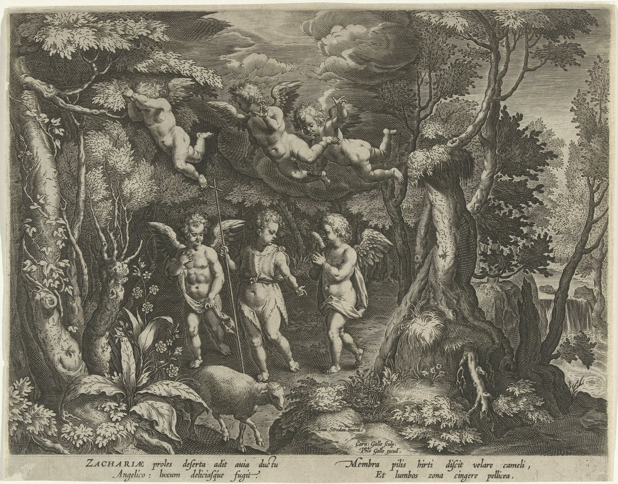 Johannes der Täufer wird von Engeln begleitet, als er in die Wüste zieht von Cornelis Galle (I)