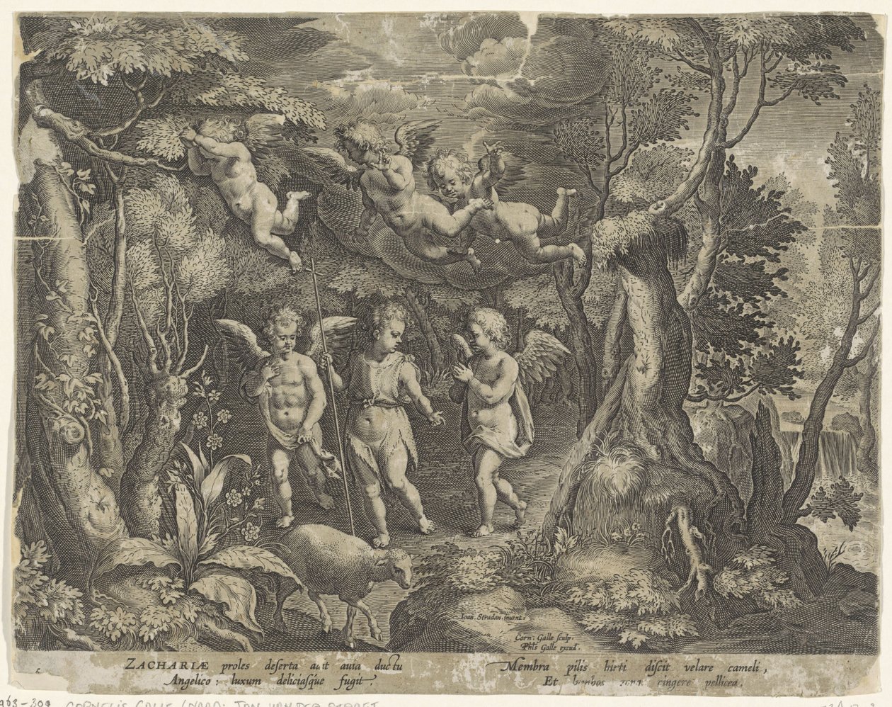 Johannes der Täufer wird von Engeln begleitet, als er in die Wüste zieht von Cornelis Galle (I)