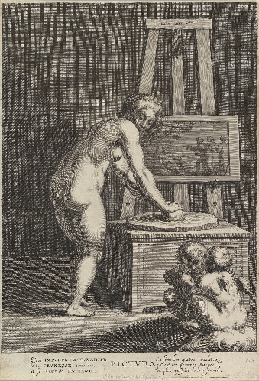Pictura: Allegorie der Malerei, mit einer nackten Frau in der Mitte, die Pigmente mahlt, ca. 1610-50 von Cornelis Galle I