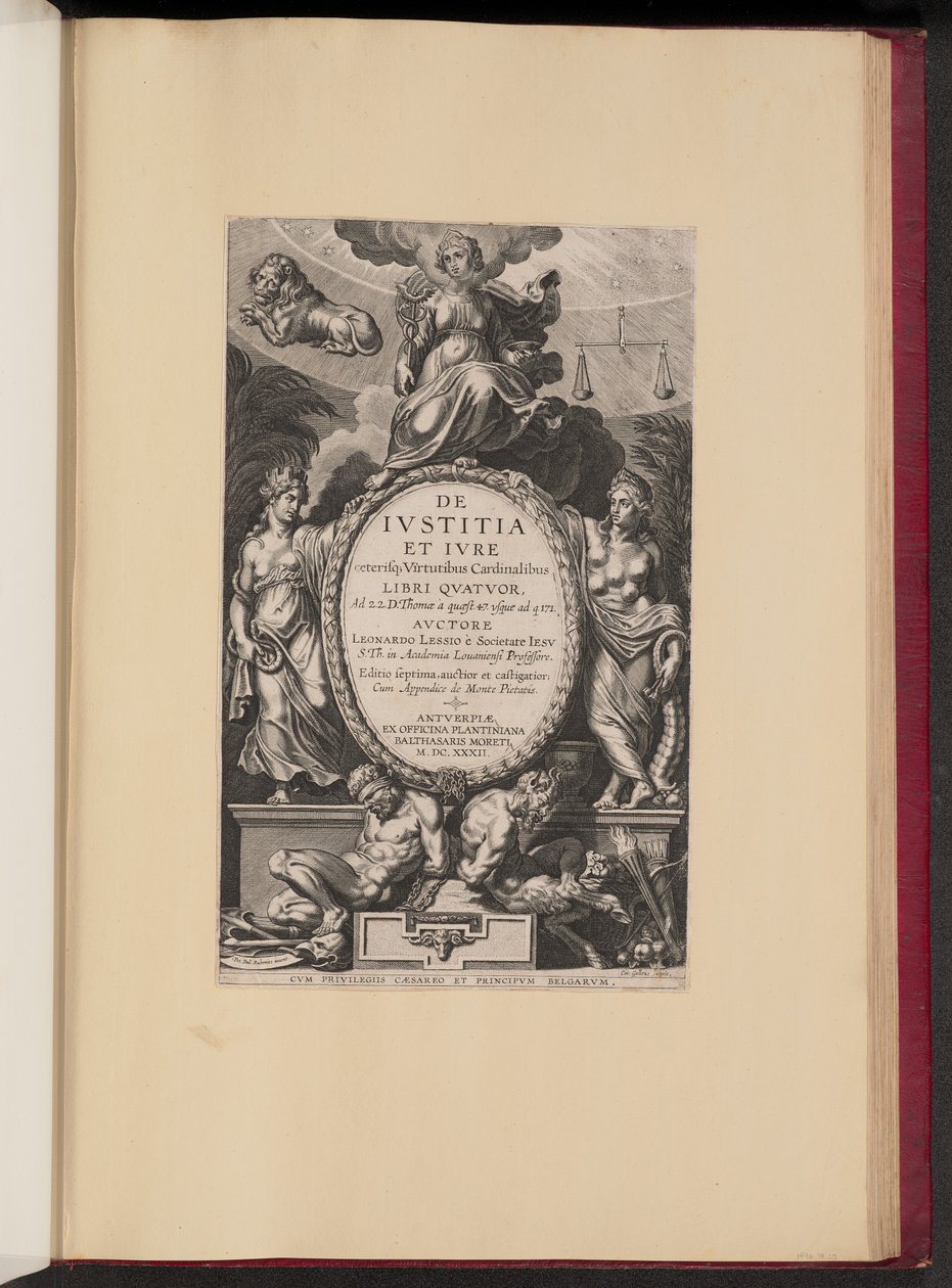 Titelseite für Leonard Lessius, De Ivstitia et Ivre von Cornelis Galle I after Sir Peter Paul Rubens