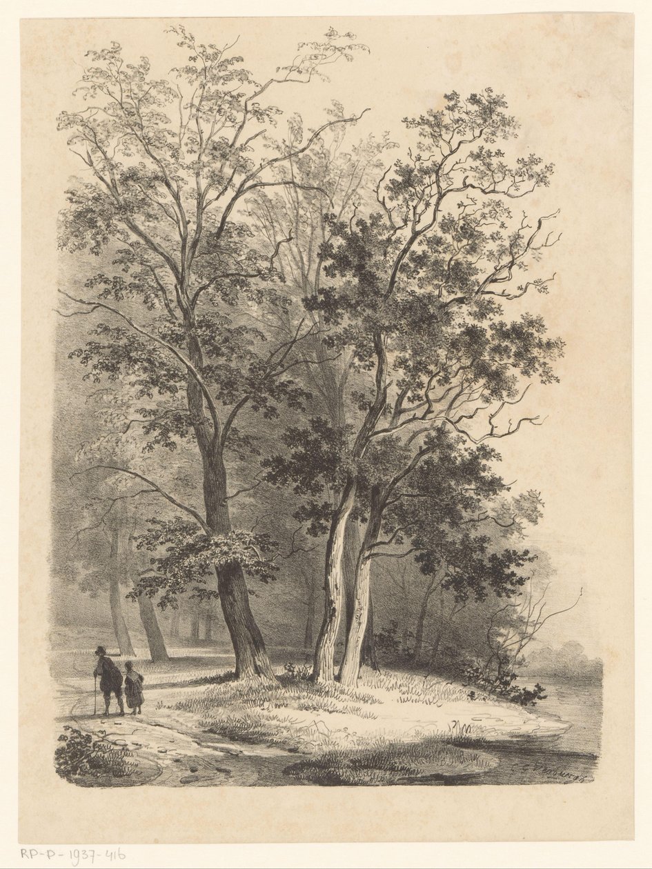 Zwei Figuren spazieren in einem Wald von Cornelis Gerrit Verburgh