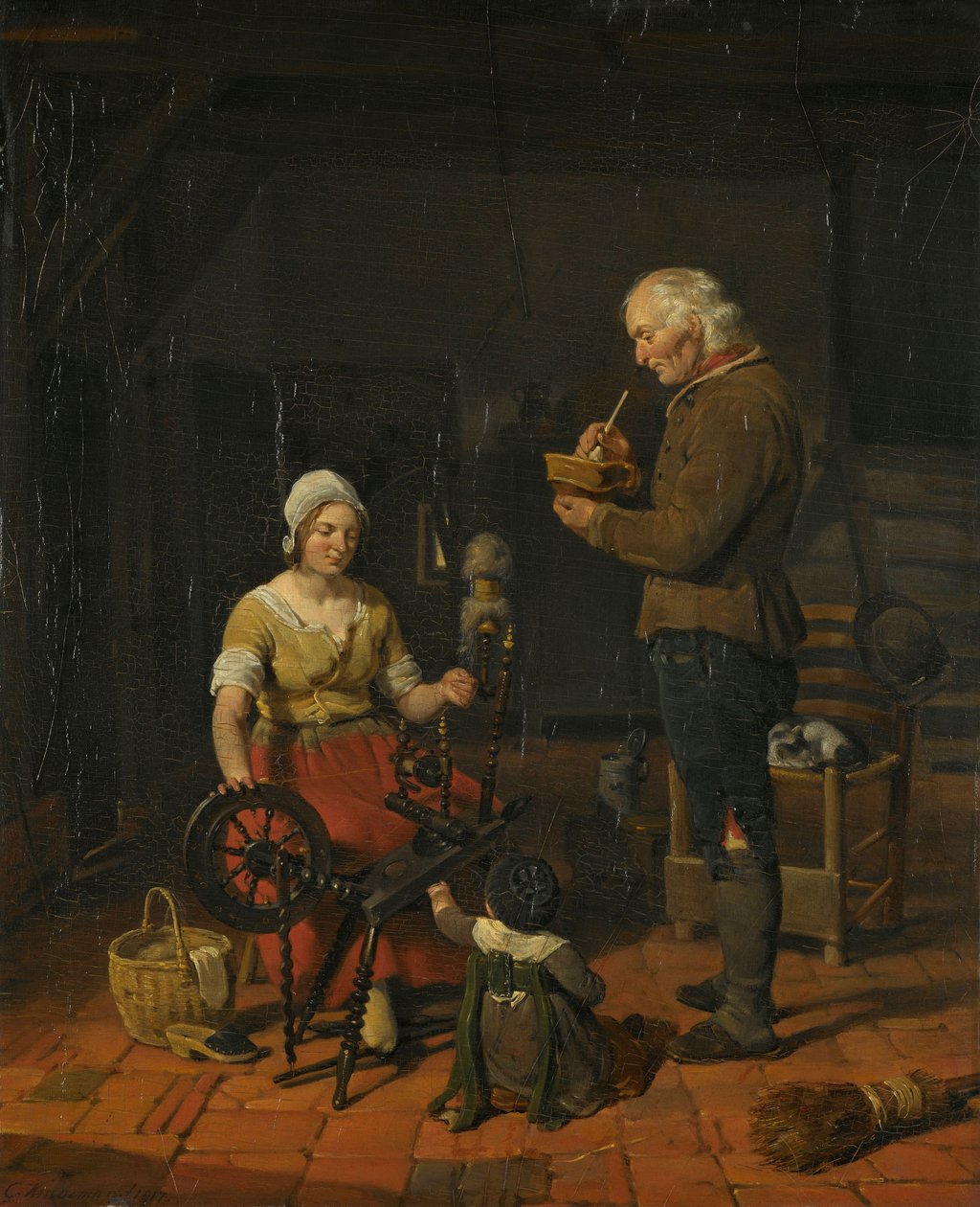 Innenraum mit Bauernfamilie und schlafender Katze von Cornelis Kruseman