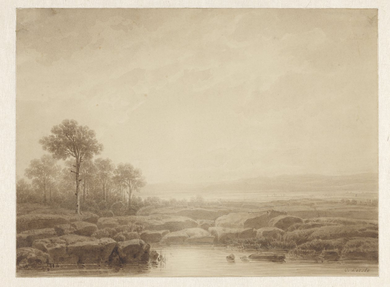Landschaft mit Felsen am Wasser von Cornelis Lieste