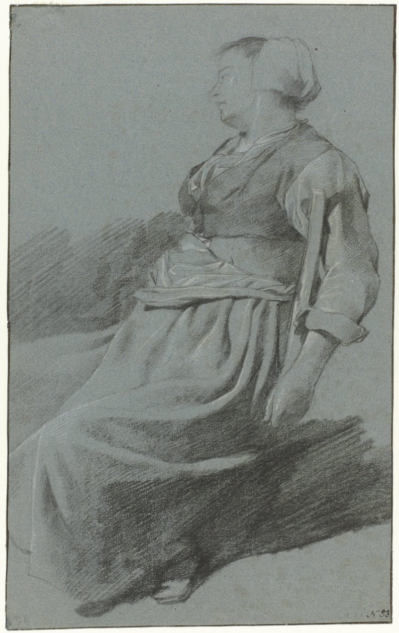 Sitzende Frau, nach links gewandt und mit einer Mütze, den Arm über die Rückenlehne eines Stuhls gelegt von Cornelis Pietersz. Bega