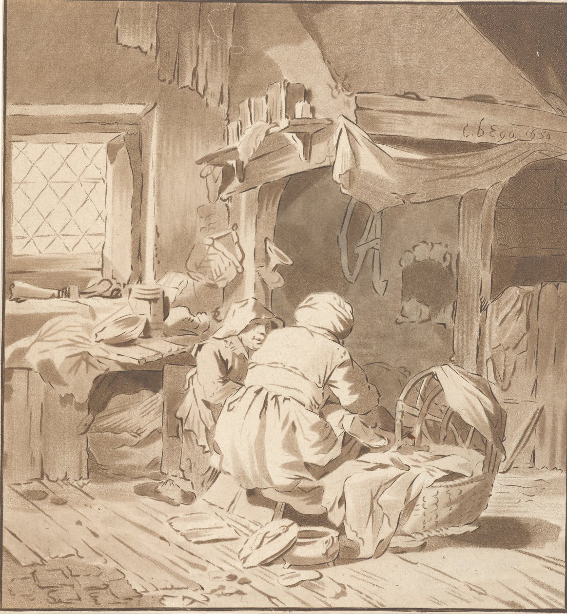 Bauerninterieur mit zwei Frauen von Cornelis Ploos van Amstel (signed by artist)