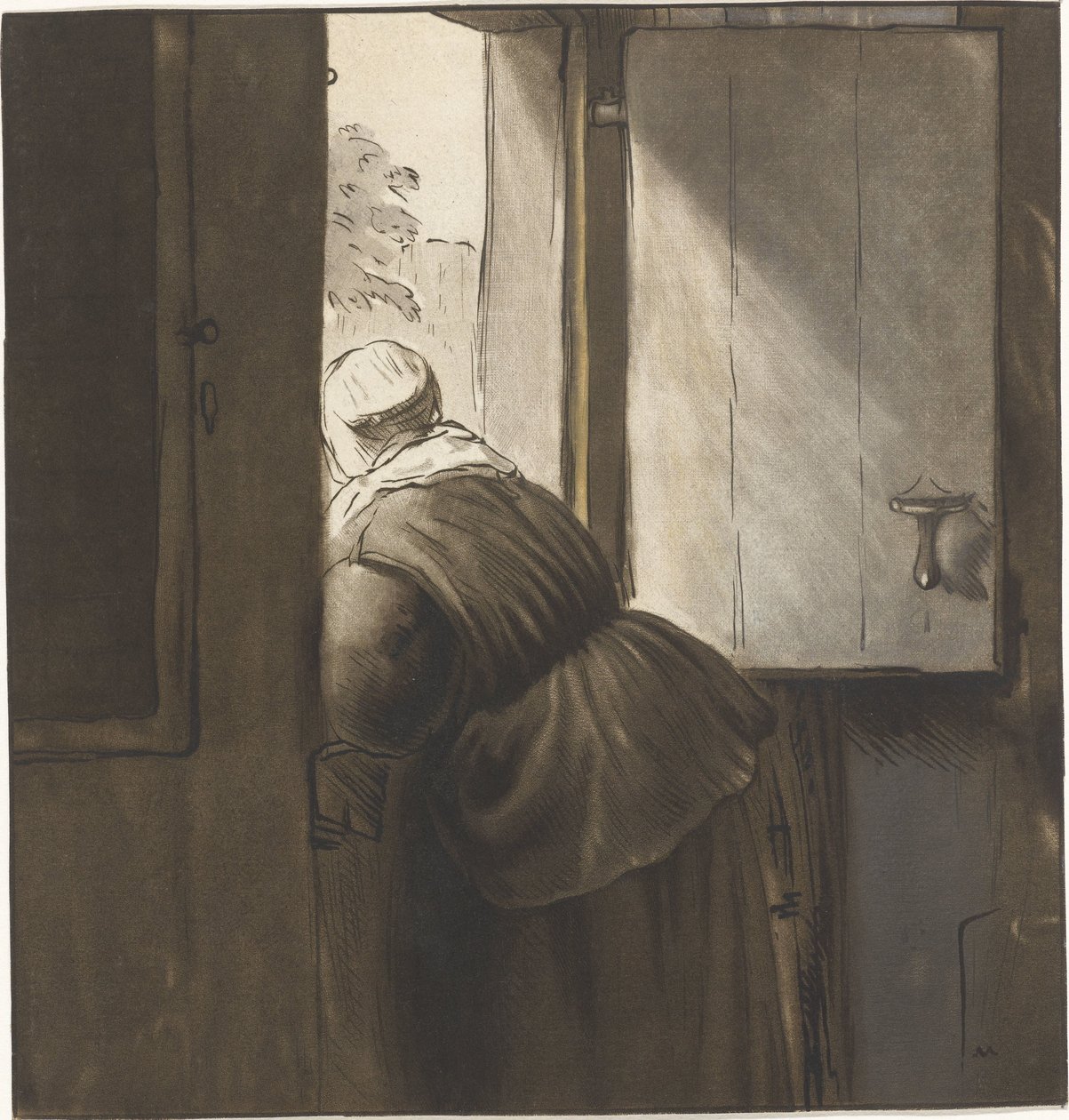 Frau, die sich über eine Halbtür lehnt von Cornelis Ploos van Amstel (signed by artist)