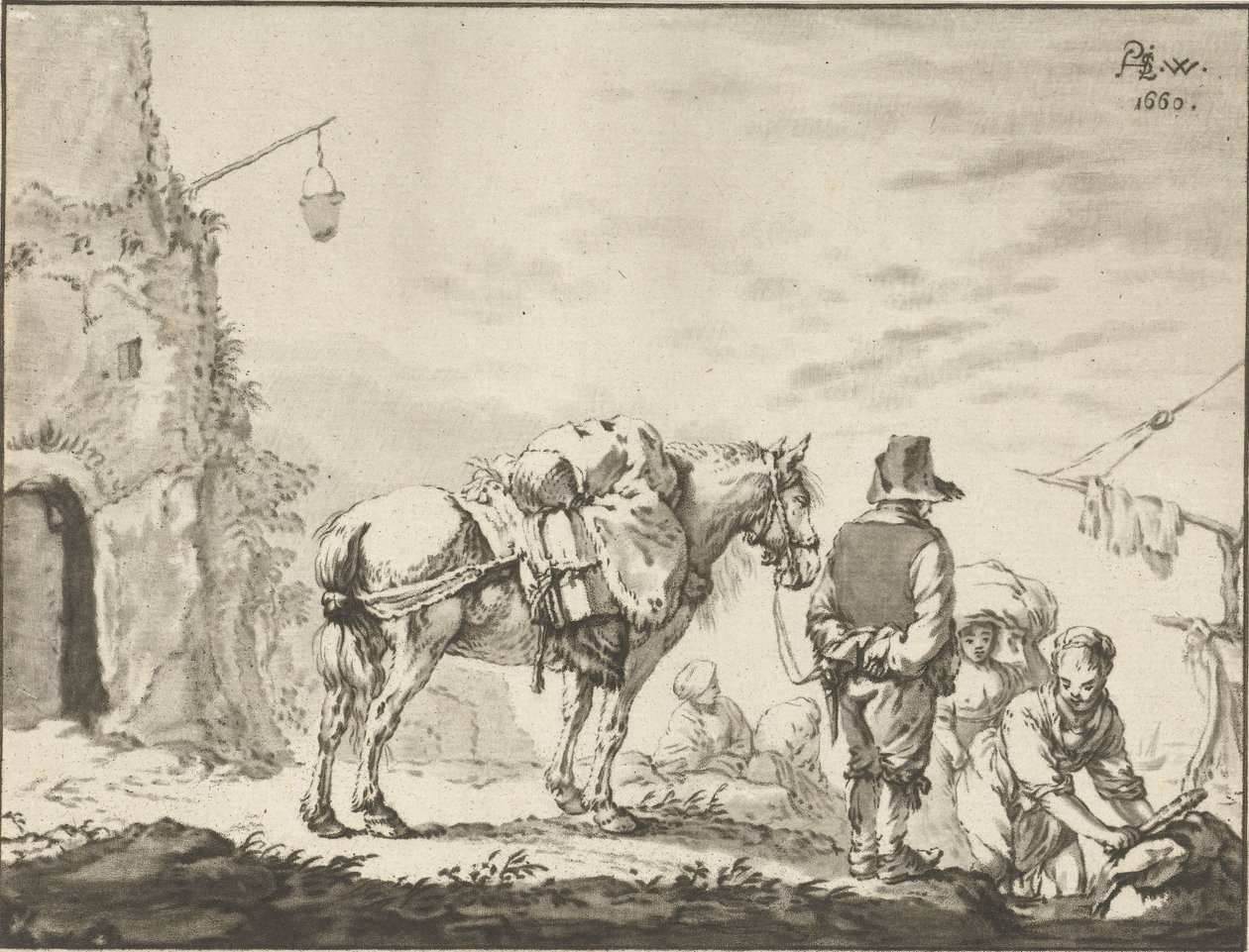 Mann mit Pferd bei Wäscherin von Cornelis Ploos van Amstel