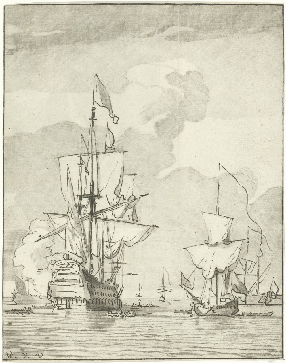 Kriegsschiff feuert einen Schuss ab von Cornelis Ploos van Amstel
