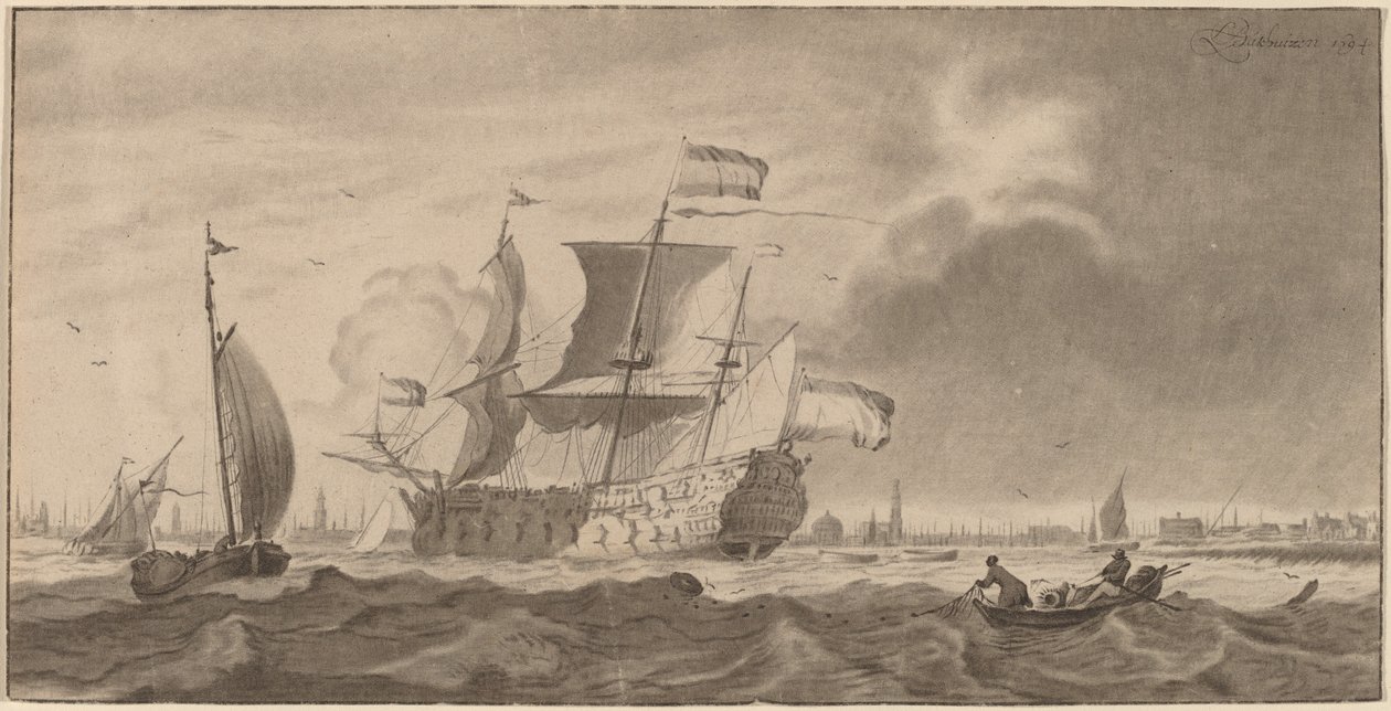 Kriegsschiff im Y von Cornelis Ploos van Amstel and Bernhard Schreuder, after Ludolf Backhuysen