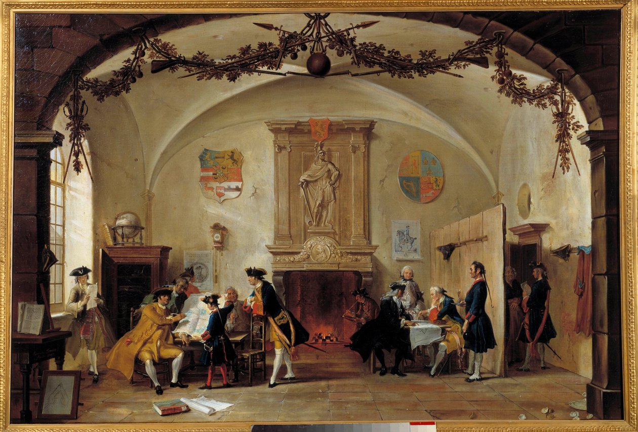 Allegorie des Krieges gegen Frankreich. Niederländische Soldaten studieren Strategien während des Spanischen Erbfolgekrieges (1701-1714) zwischen Frankreich und Spanien und einer Koalition aus England, den Niederlanden und Preußen. Gemälde von Cornelis Tro von Cornelis Troost