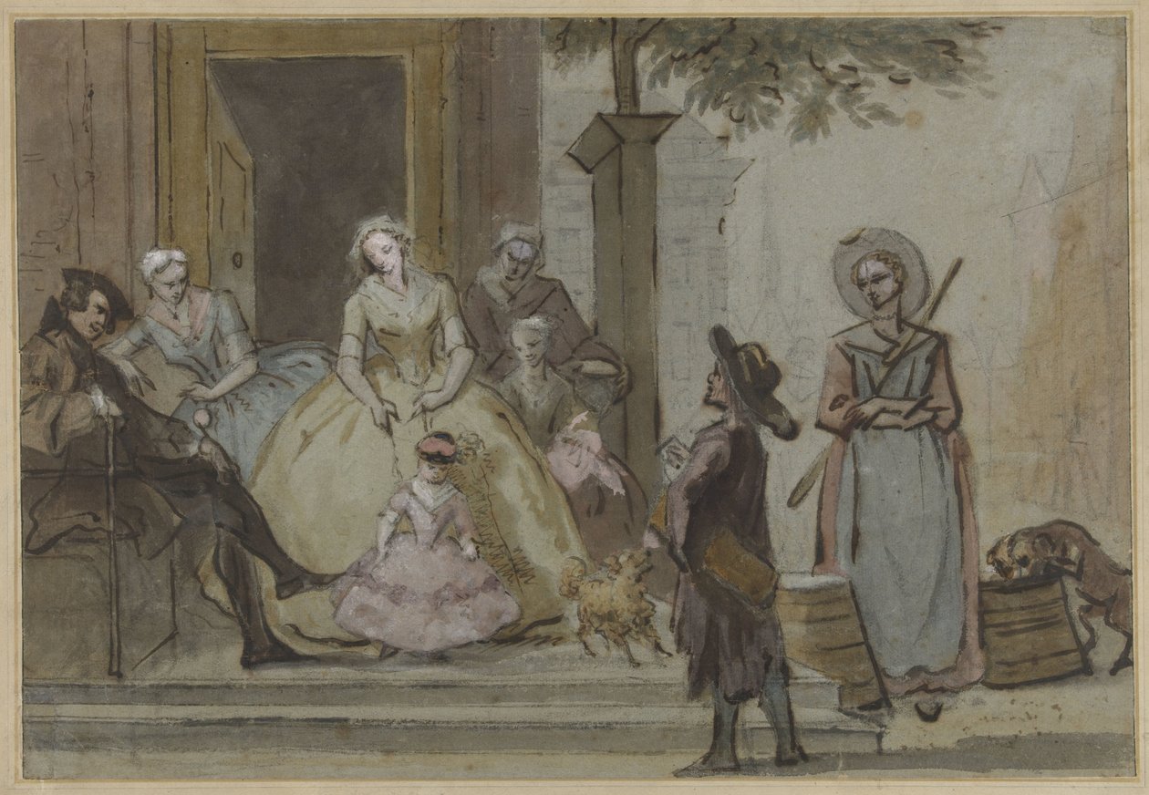 Drehleierspieler vor einer lauschenden Familie auf der Treppe eines Stadthauses von Cornelis Troost