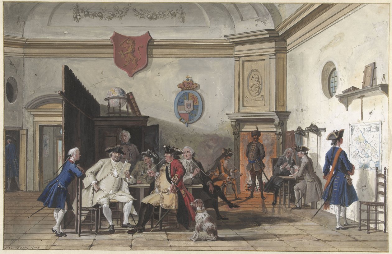 Wartezimmer mit lesenden, rauchenden und kartenspielenden Offizieren von Cornelis Troost
