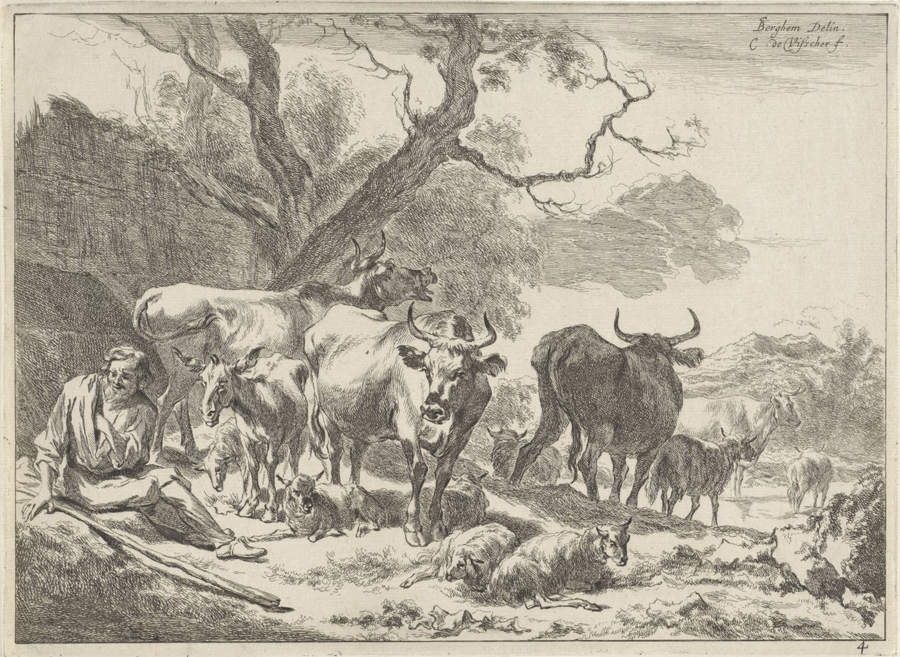 Ruhender alter Hirte mit seiner Herde von Cornelis Visscher (II)