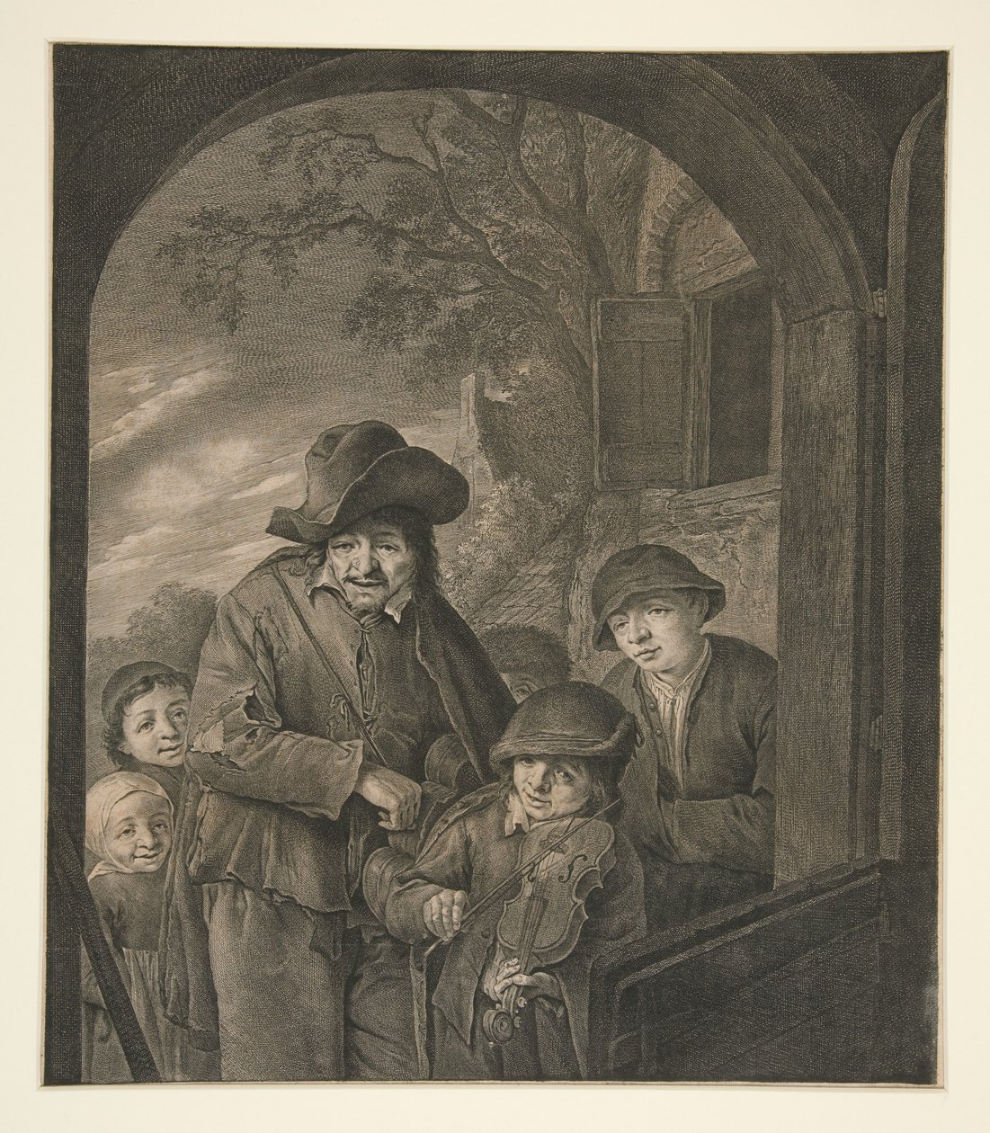 Ohne Titel (Musiker an einer Wirtshaustür) von Cornelis Visscher